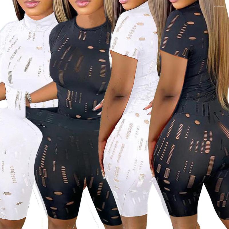 

Women' Tracksuits Sexy Two Piece Set Hole Short Sleeve T-Shirts Top Biker Shorts Club Outfits For Women 2022 Summer Sports Jogging Matching, Black