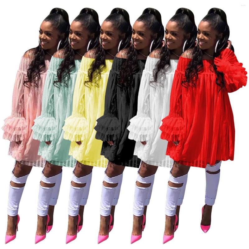 

Casual Dresses 2022 Latest Fashion Womens Jacquard One-shoulder Pineapple Sleeve Loose Dress Autumn Sexy Woman Troia, Light cyan