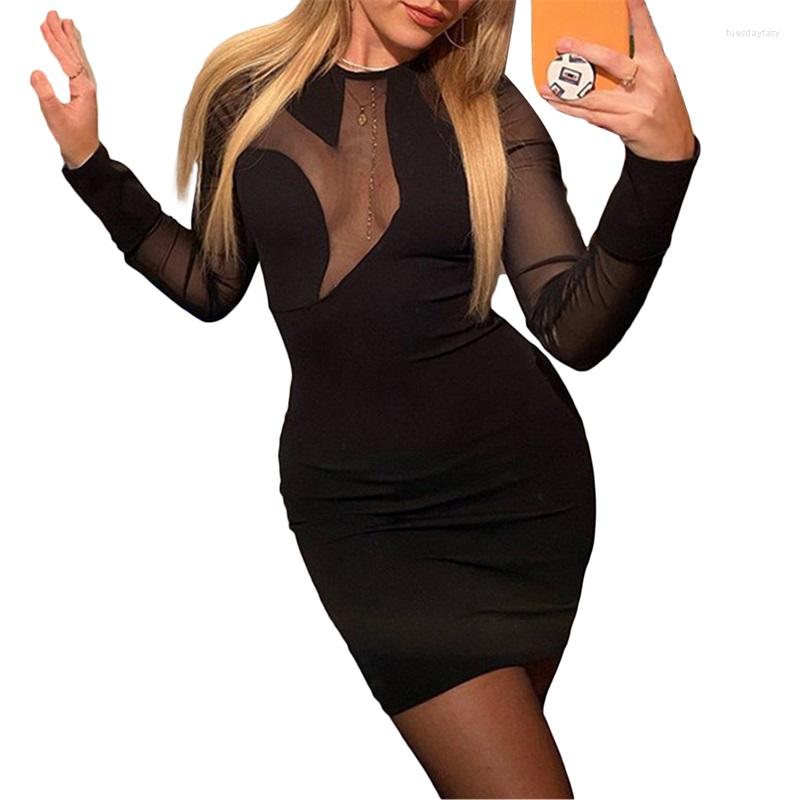 

Casual Dresses Women Bodycon Dress Sheer Splicing Round-Neck Long Sleeve Tight OnePiece For Ladies Black /M/L