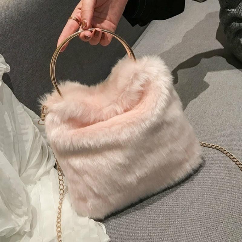 

Evening Bags Rex Fur Straw Bag European And American Fashion Ring Bucket Shoulder Chain, Black