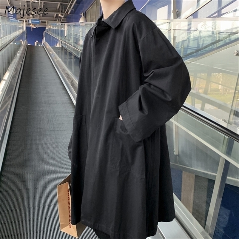

Men's Down Parkas Men Long Trench Coats Autumn Korean Handsome Turn Collar Outerwear Solid Leisure Loose Streetwear Design Windbreaker 220930, Black