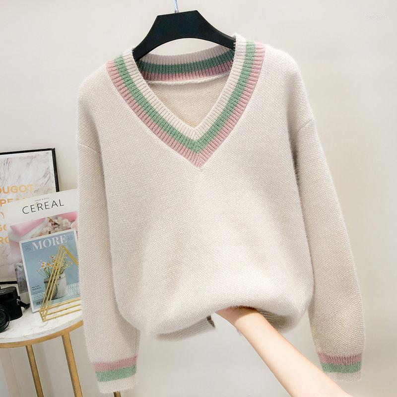 

Women's Sweaters Urifens 2022 Student Knitted Bottoming Femal Striped Color Matching Sweet Long-sleeved V-neck Women Sweater Pullover, Green