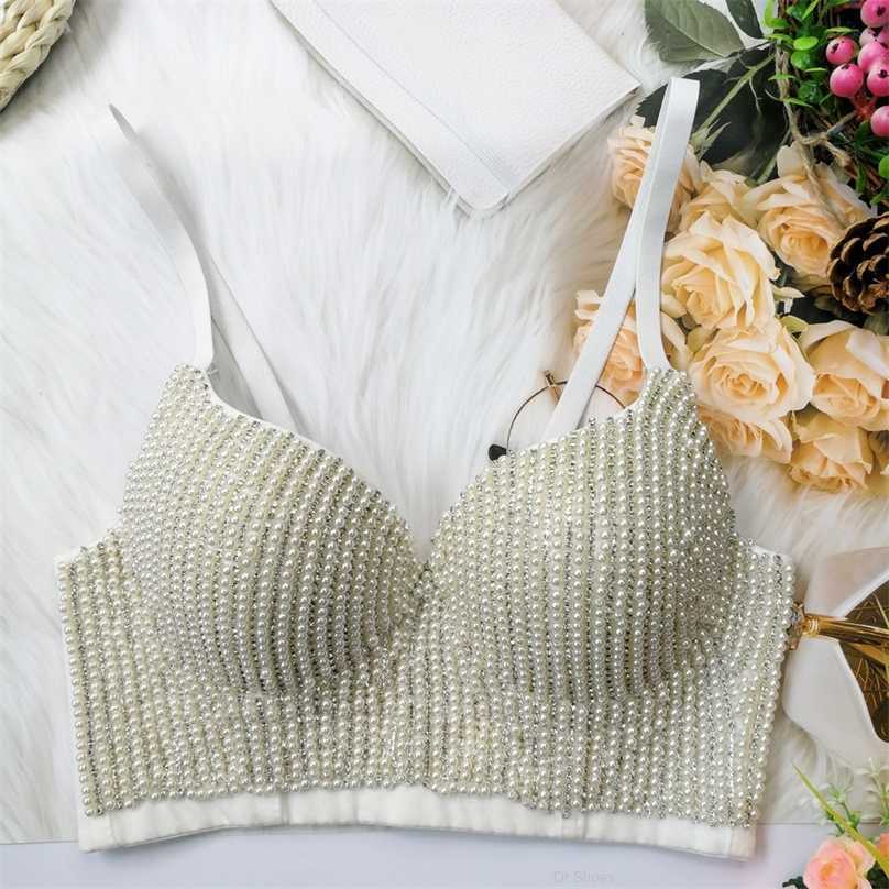 

Sexy Camisole Girl Corset Backless Crop Top Women Tube Beaded Diamond Nightclub Party Tanks Bustier Gathered Push up Bra 220505, White