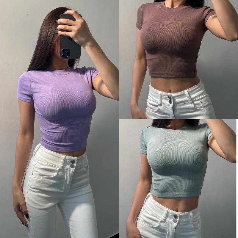 

Women' T Shirts European And American Sexy Kardashian With The Same High Elastic Tight-fitting Multi-color Round Neck Short-sleeved Top Is, Beige