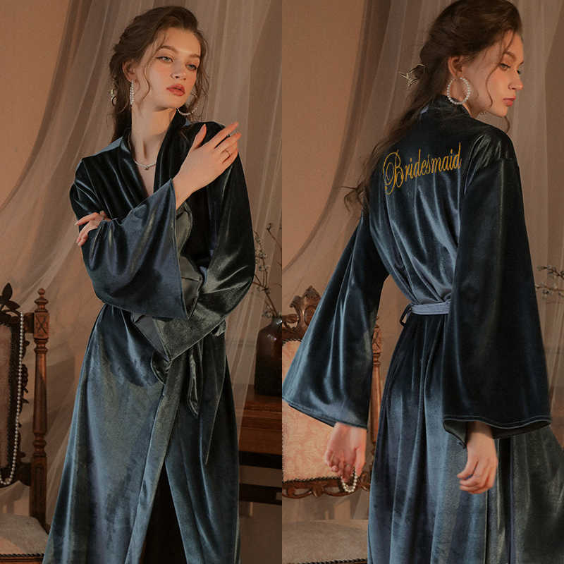 

Women's Sleepwear Dressing Gown Bride Bridesmaid Gold Velvet Long Sleeves Robe Nightgown Kimono Embroidery Sexy Night Dress Home Clothes T221006, Bride - burgundy