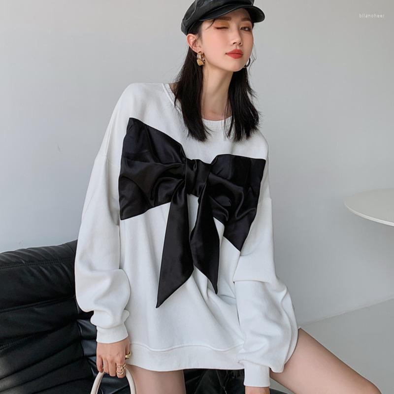 

Women's Blouses Women Large Shirts 2022 Autumn White Shirt Black Bow Long-sleeve Loose Streetwear Female Top Clothes E977
