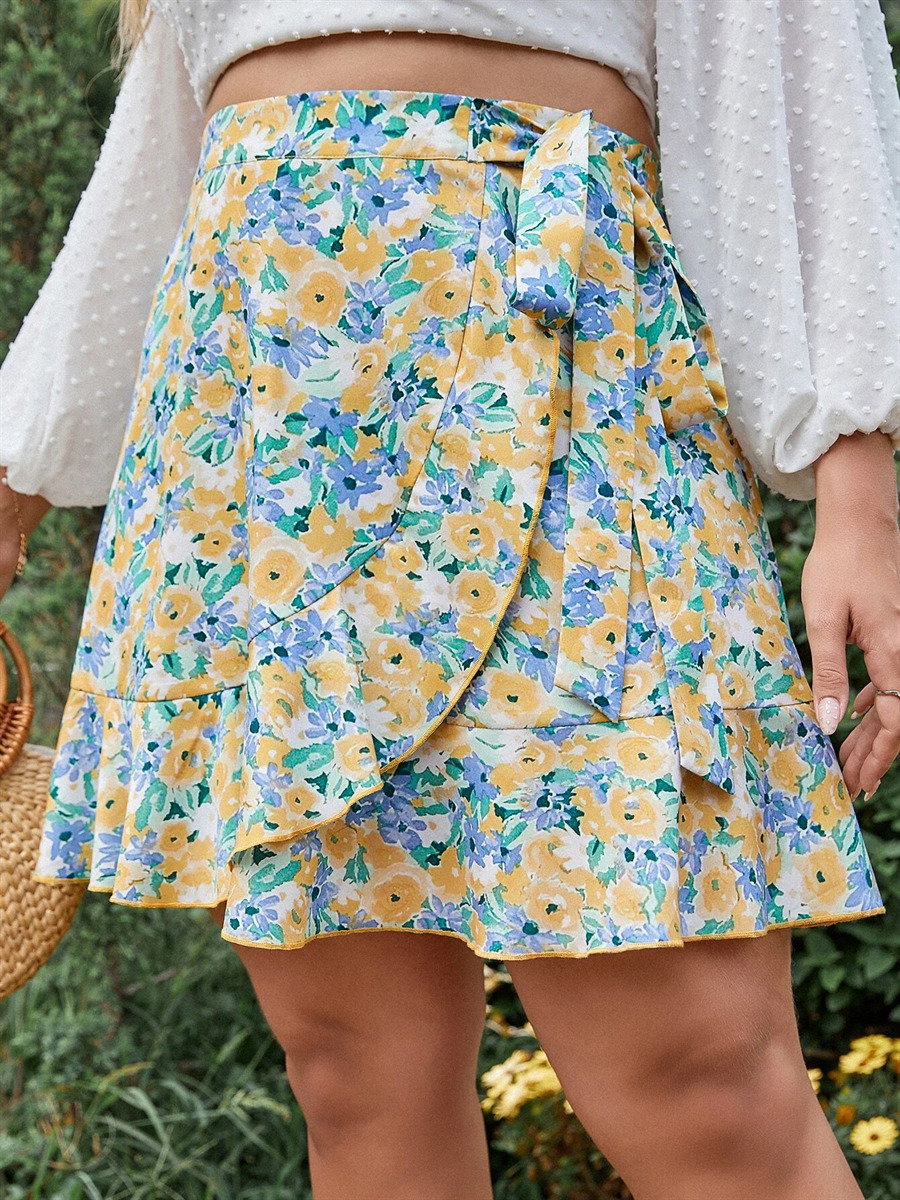 

Plus size Dresses Plus Size Floral Print Summer Elegant Boho Skirt Women Elastic Tie Waist Casual Wrap Ruffle Skirt Large Size Aline Flare Skirt 221006, Bright yellow