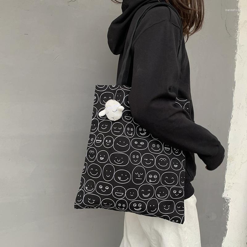 

Evening Bags Canvas Tote Bag For Woman 2022 Women Cotton Cloth Shoulder Korean Harajuku Japanese Cartoon Eco Reusable Shopping Handbags, Black