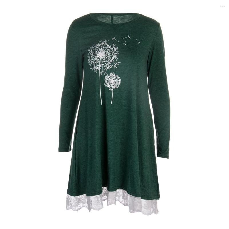 

Casual Dresses Women' Summer T Shirt Dress Long Sleeve Lace Hem Printed Loose With Pockets, Black