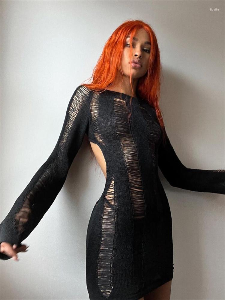 

Casual Dresses Thorn Tree Y2K Women Cutout Dress Clubwear Hollow Out Backless Long Sleeve O-Neck Solid Color Party Short Mini 2022