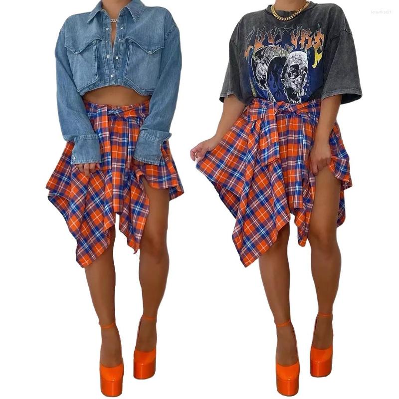 

Skirts OLOMLB Women' Skirt Plaid Irregular High Waist Knee Length Streetwear Sleeve Wrapped Lace Up School Kawaii Women Outfit, Blue