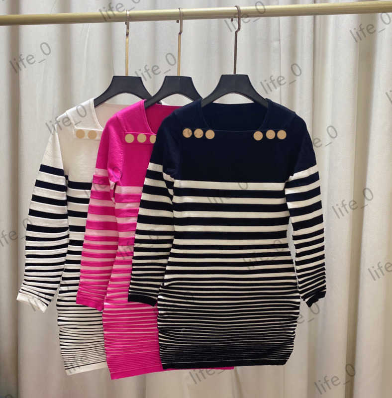 

Women Designer Casual Dresses Brand Patchwork Striped U-collar DressesButtons adorn long sleeves Dress Elegant Temperament Womens Designer Clothing 1970, Extra shipping
