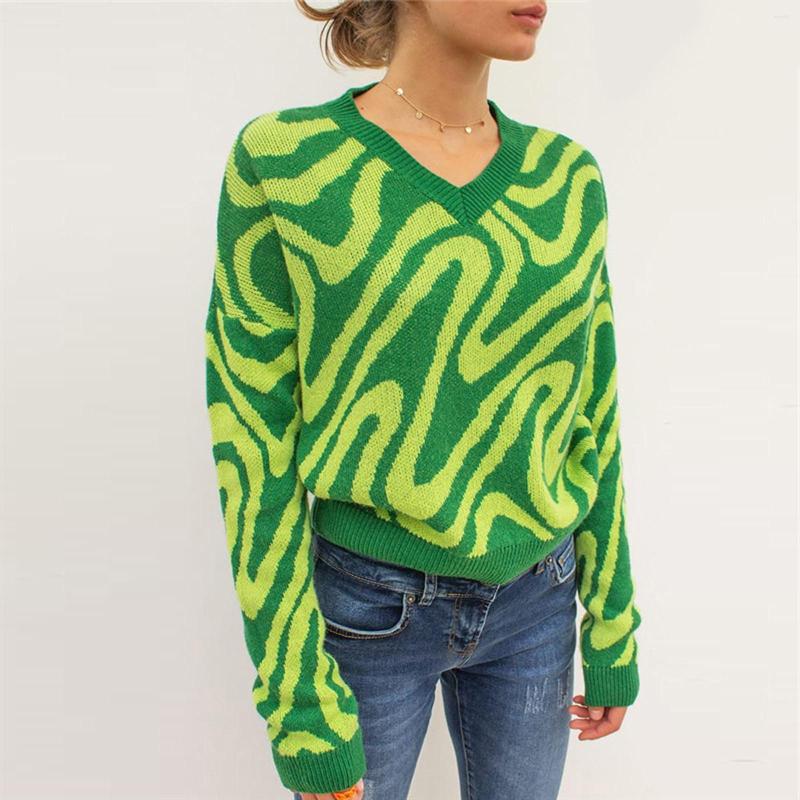 

Women' Sweaters 2022 Sweater Femalev-neck Knitted Pullovers Autumn Long Sleeve Wave Pattern Casual College Wind Tops Women, Green