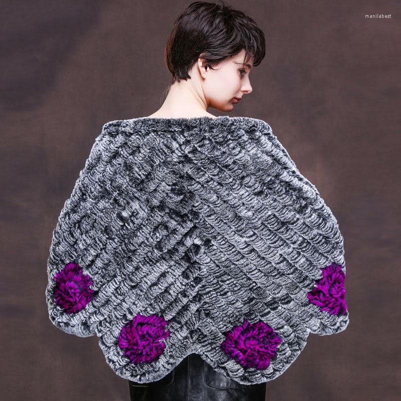 

Women's Fur Flower Knitted Natural Rex Shawl Women Fashion Real Poncho With Tassels 2022 Style Autumn Winter, Beige