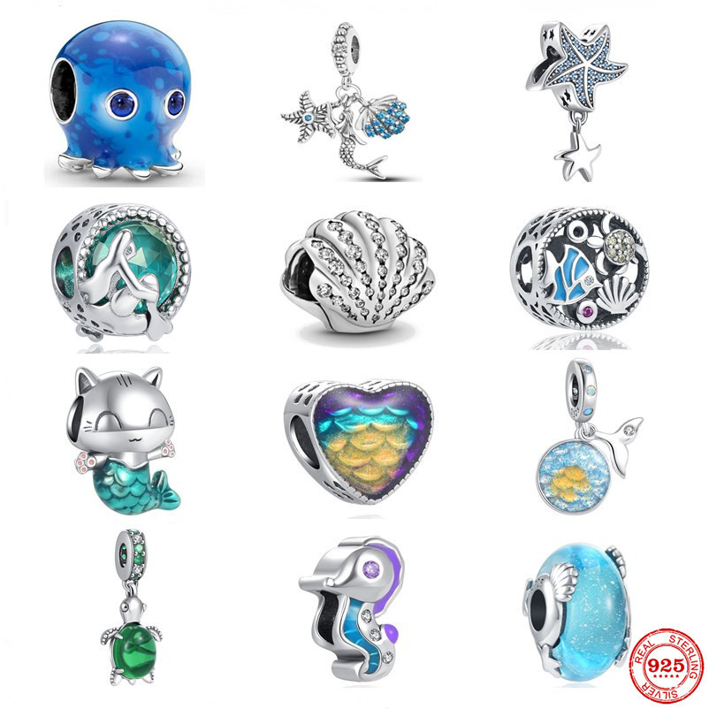 

925 Silver Fit Pandora Charm 925 Bracelet Gift Mermaid Starfish Scallops Ocean Love charms set Pendant DIY Fine Beads Jewelry