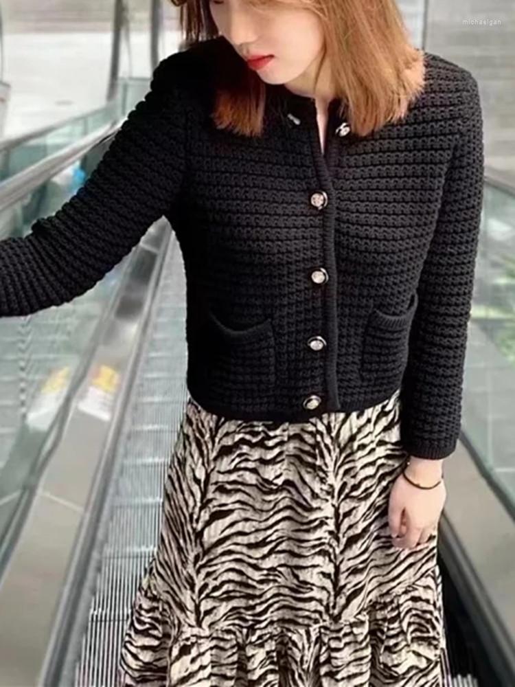 

Women' Knits 2022 Women Stripes Knit Cardigan Ladies Single-Breasted Long Sleeve Knitwear Outwear Top With Double Pockets, Black