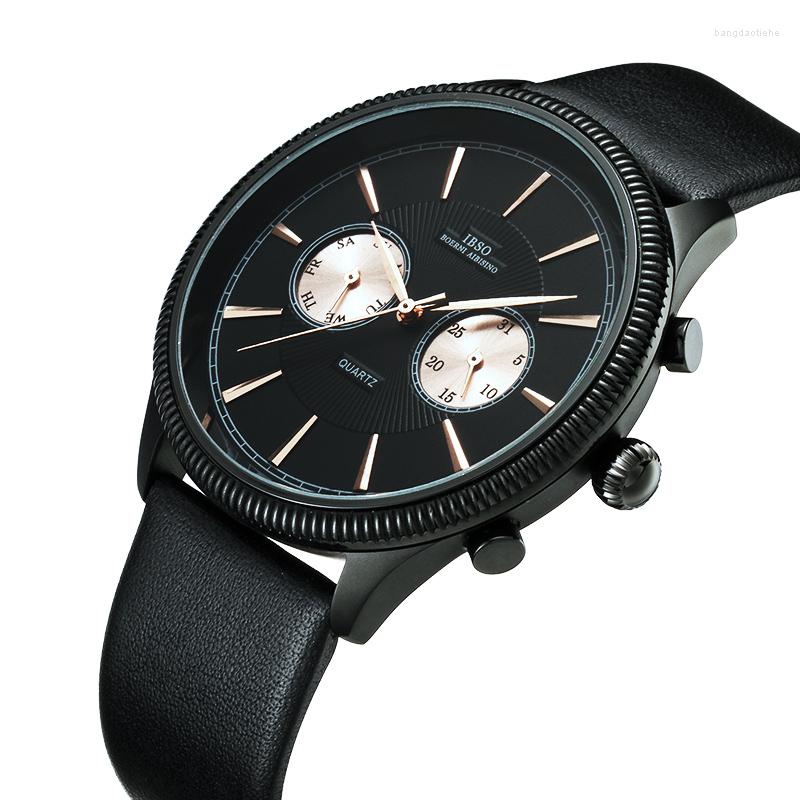 

Wristwatches Men Functional Carved Clock Dial Black Leather Watch Run Waterproof Large Quartz Quality Luxury Designer, Brown