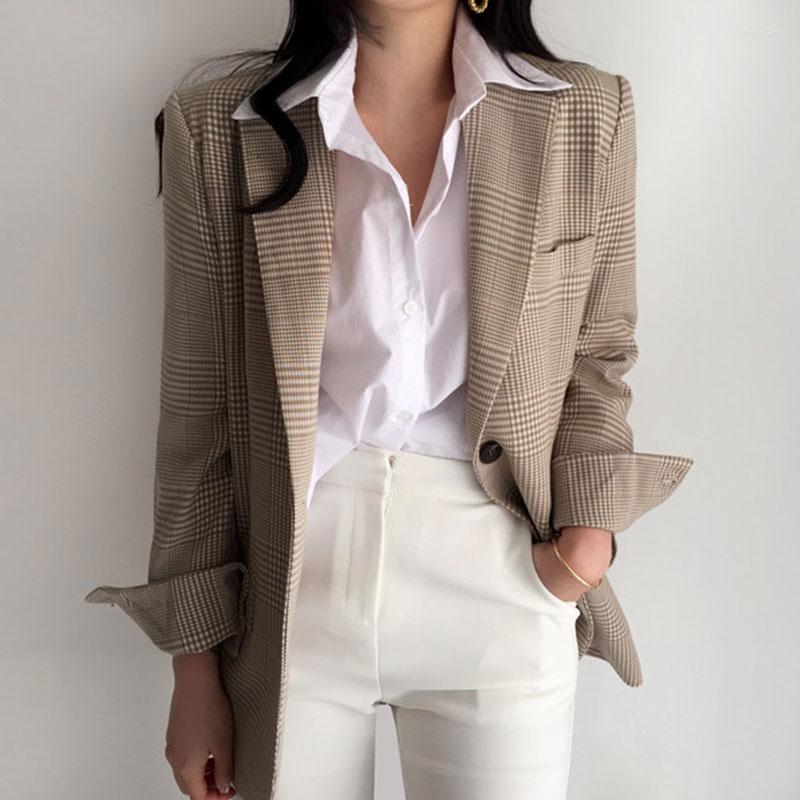 

Women's Suits Plaid Blazer Women Retro High Quality Contrasting Color Suit Ladies Jacket Autumn Two Button Loose Casual Long Sleeve Coats, Beige
