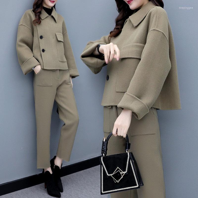 

Women' Two Piece Pants Womens Woolen Jacket Set Suit Fashion Autumn Winter Clothes Casual Work Wear Office Ladies Wool Coat Trousers, Dark khaki
