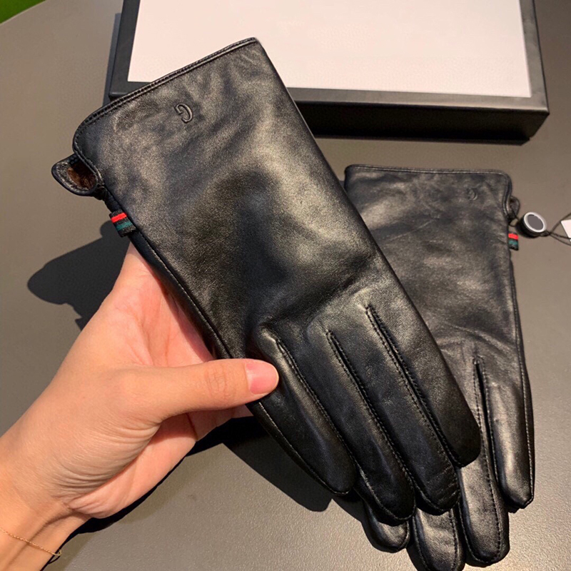 

Female Brand Leather Gloves Fashion Letters Five Fingers Gloves Winter Warm Sheepskin Mitten Glove