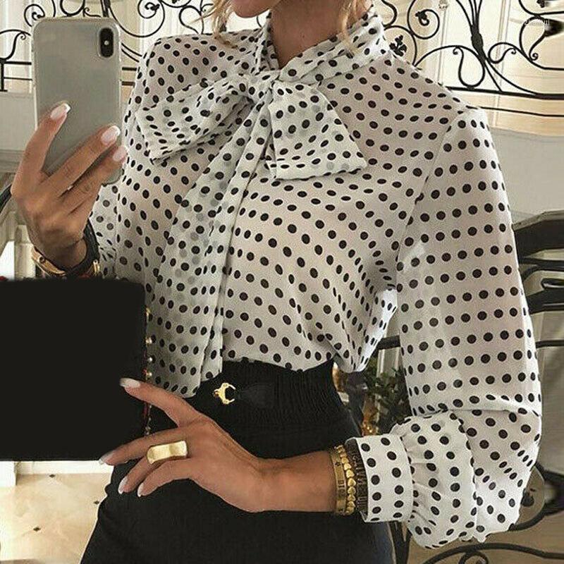 

Women' Blouses Women' & Shirts Bow Long Sleeve Polka Dot Thin Female Blouse 2022 Spring Summer Elegant Casual Office Ladies Tops, White