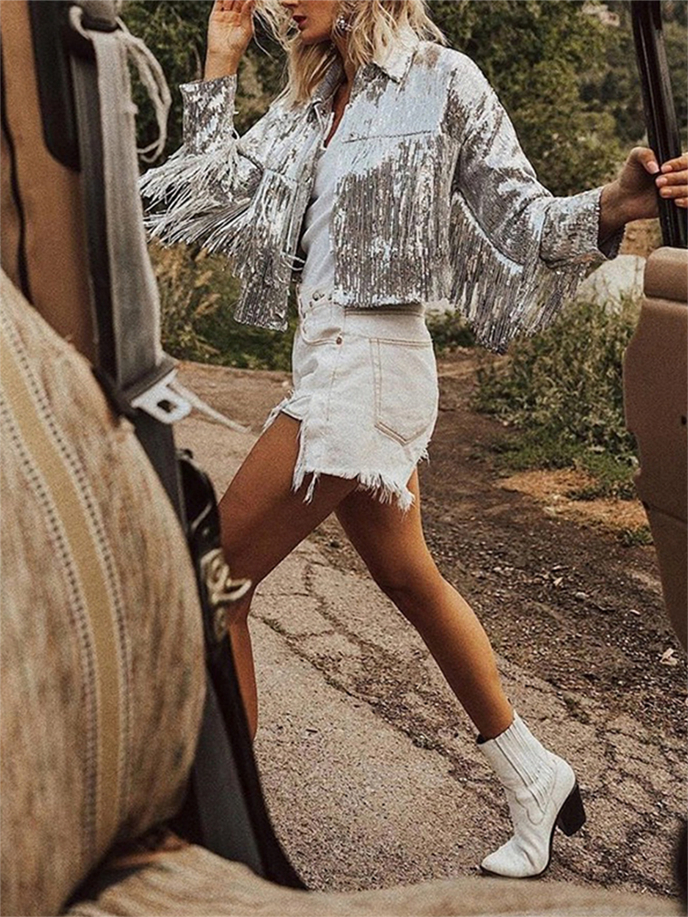 

Women's Jackets Women Tassel Sequin Jacket Autumn Winter Streewear Rock BF Retro Long-sleeved Silver Reflective Jacket Women Outwear Tops 221006, Champagne