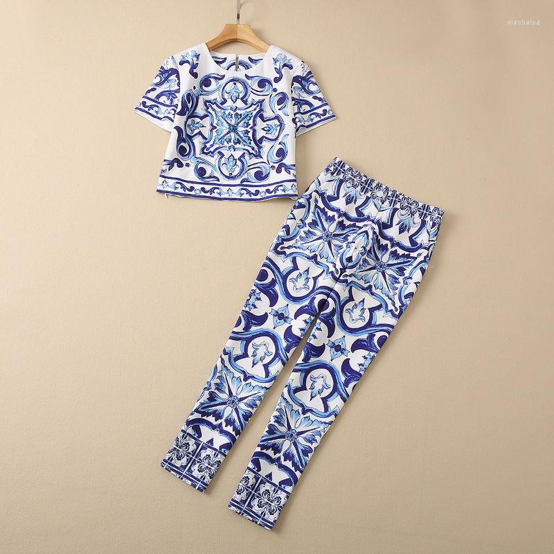 

Women' Two Piece Pants European And American Women' Wear For Winter 2022 Short Sleeve Stud Print T-shirt Nine Minutes Of Fashion Suits, Blue