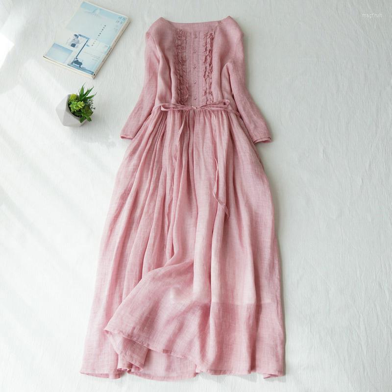 

Casual Dresses Summer Green Pink Dress Elegant Women 2022 Vintage Robes Femme Loose Comfortable Flowy Long Sashes Button
