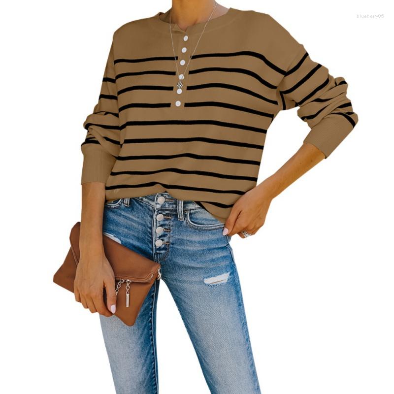 

Women' Sweaters Women' Round Neck Ribbed Loose Long-sleeved Striped Sweater Button Knit Solid Color Pullovers LOKJ1