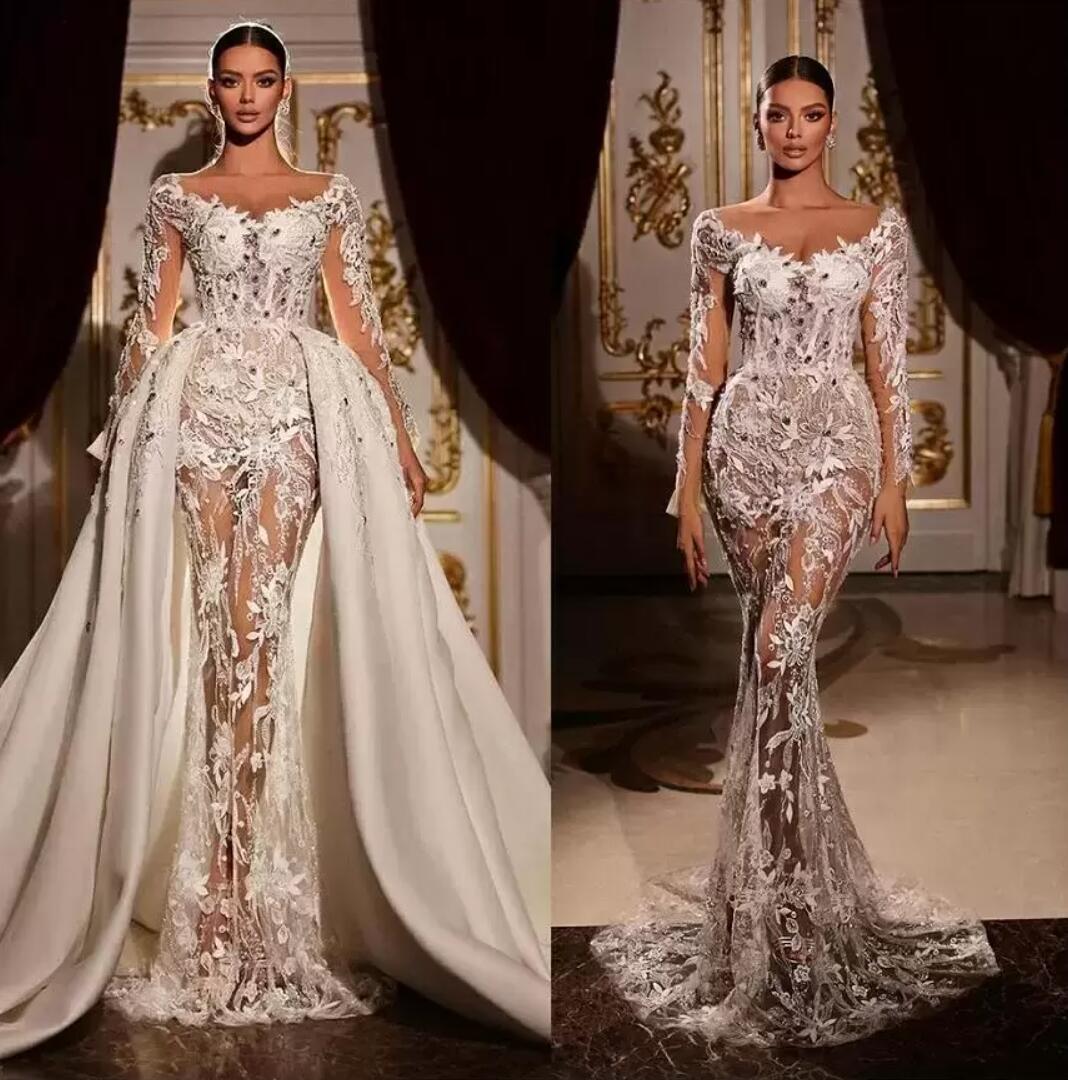 

2023 Illusion Mermaid Wedding Dresses with Detachable Train Off Shoulder Long Sleeve Lace Beads Sexy Bride Dress Wedding Gowns Custom Made BC14442x GB1006, Pink