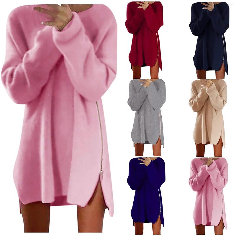 

Women' Sweaters Woman Sweater Maxi Winter Top Female Women Korean Fashion Casual Soild Loose O-Neck Long Sleeve Zipper Thin Plush