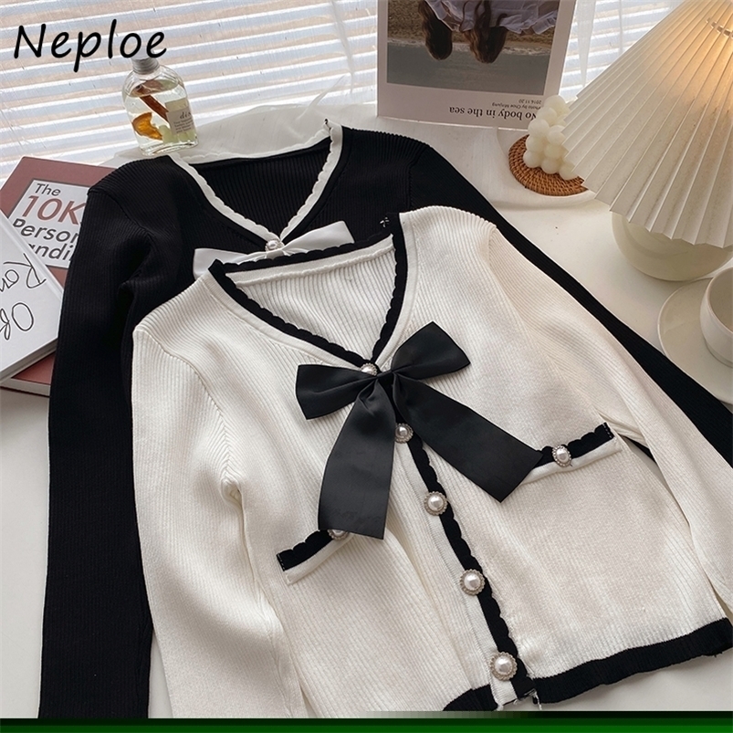 

Women' Knits Tees Neploe V-neck Bowknot Decoration Sweet Woman Sweaters Autumn Korean Style Short Knitted Cardigans Pearl Button Knit Tops 221006, Pink