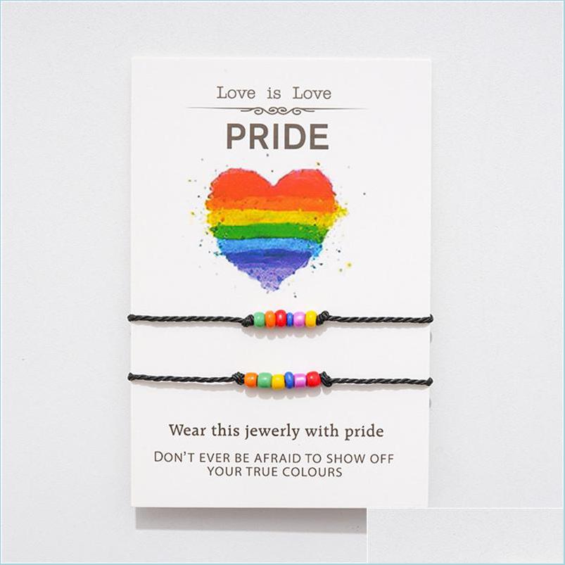 

Charm Bracelets 2Pcs/Set Rainbow Bead Bracelet With Card Friendship Bracelets For Women Men Rope Wish Gift Couple Pride Luck Vipjewel Dhla8