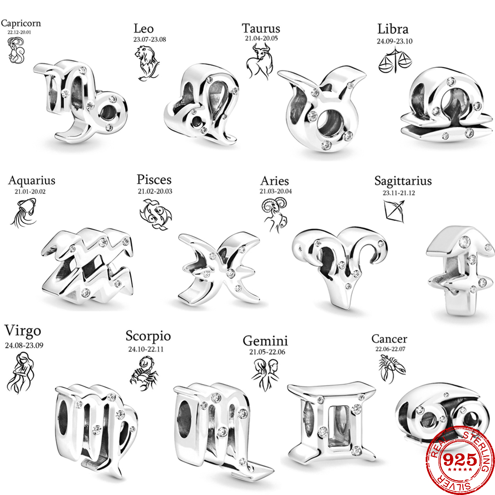 

925 Silver Fit Pandora Charm 925 Bracelet 12 Constellation Zodiac DIY Love charms set Pendant DIY Fine Beads Jewelry