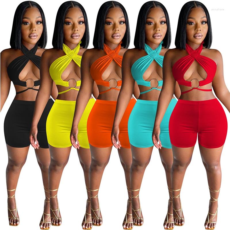 

Women's Tracksuits 2022 Summer Fashion 2pcs Set Halter Neck Hollow Out Crop Top And Skinny Shorts Sexy Nightclub Party Matching, Yellow