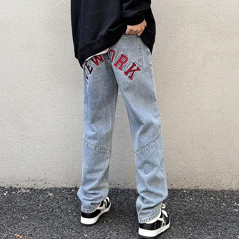 

Men' Jeans European Letters Print Denim Pants Mens High Street Funny Streetwear Casual Y2k Men Clothing 8296, Blue