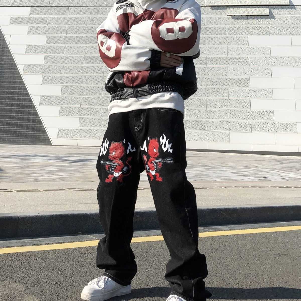 

Hoodies Hoodies Vibe High Street Jeans Men's American Retro Tide Brand Little Devil Print Straight Loose Hiphop Fried Trousers