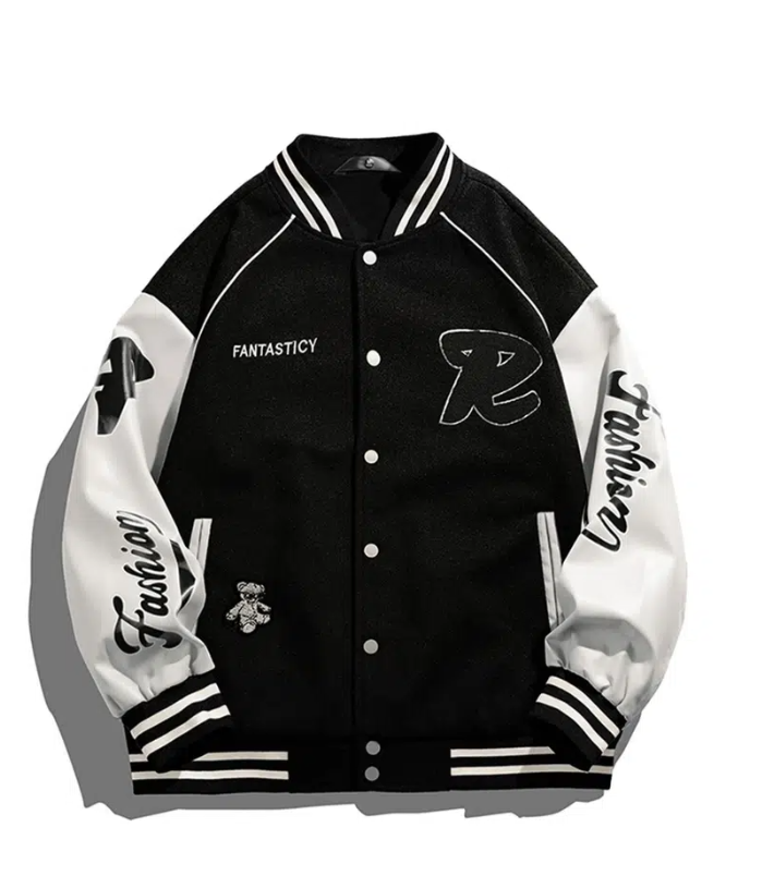 

Men's Contrast Panel Lettering Baseball Collar Jacket / Color Block, Black