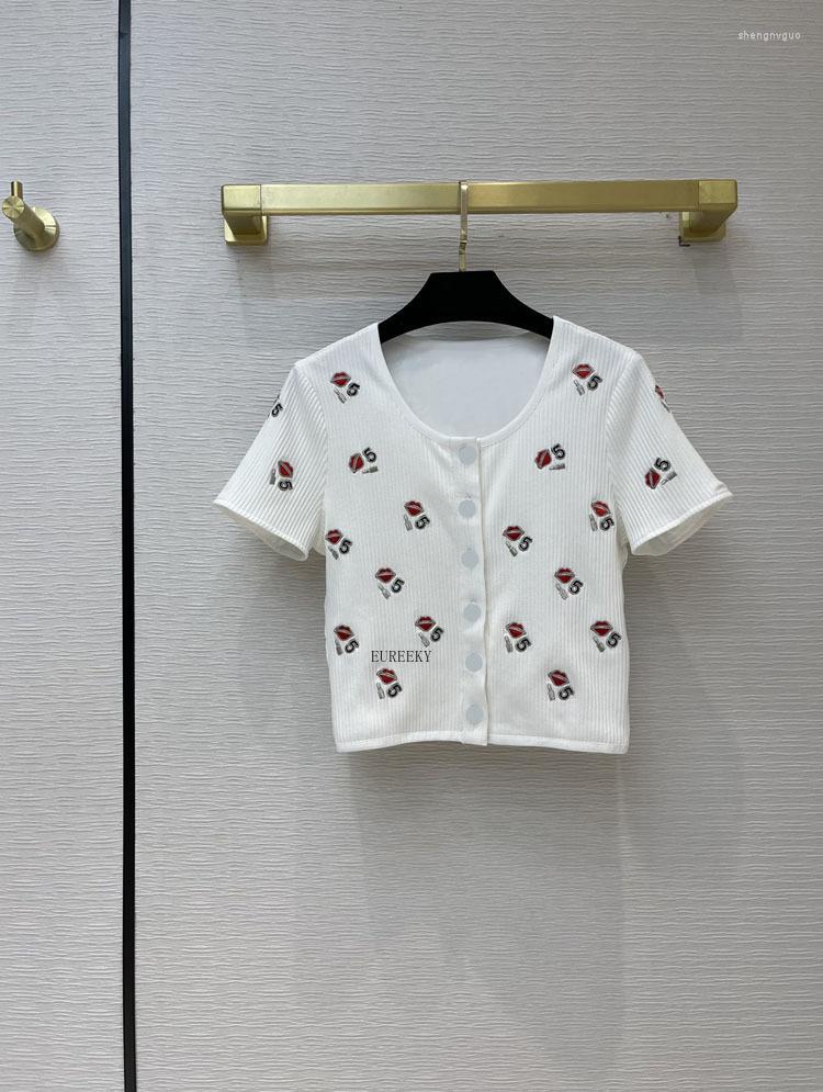 

Women' T Shirts Brand Knitted Luxury T-shirt Women 2022 Summer O-neck Sleeves Cotton Crop Top Red Lip Print Short Casual Tshirts, Black