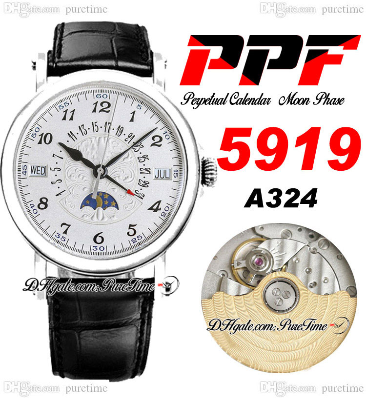 

PPF Perpetual Calendar 5919 A324 Automatic Mens Watch Moon Phase 38mm Steel Case 3D Flowers Totem Dial Blue Roman Black Leather Strap Super Edition Puretime B2