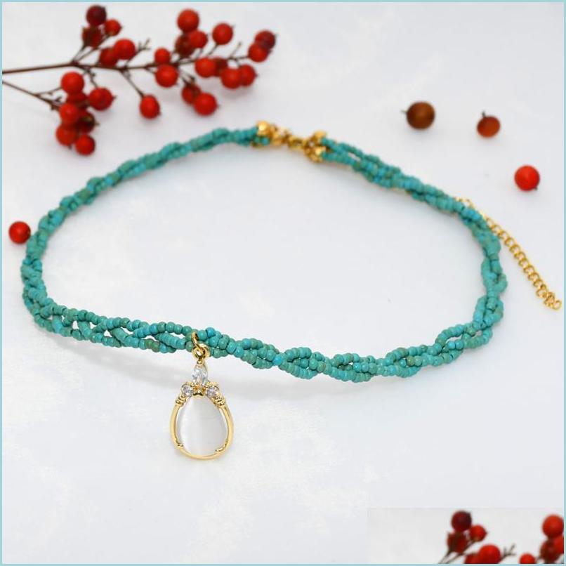 

Chokers Chokers 2Mm Turquoise Stone Beads Opal Pendant Choker Blue Handmade Stainless Steel Lobster Clasp Vintage Necklace For Womenc Dhtel