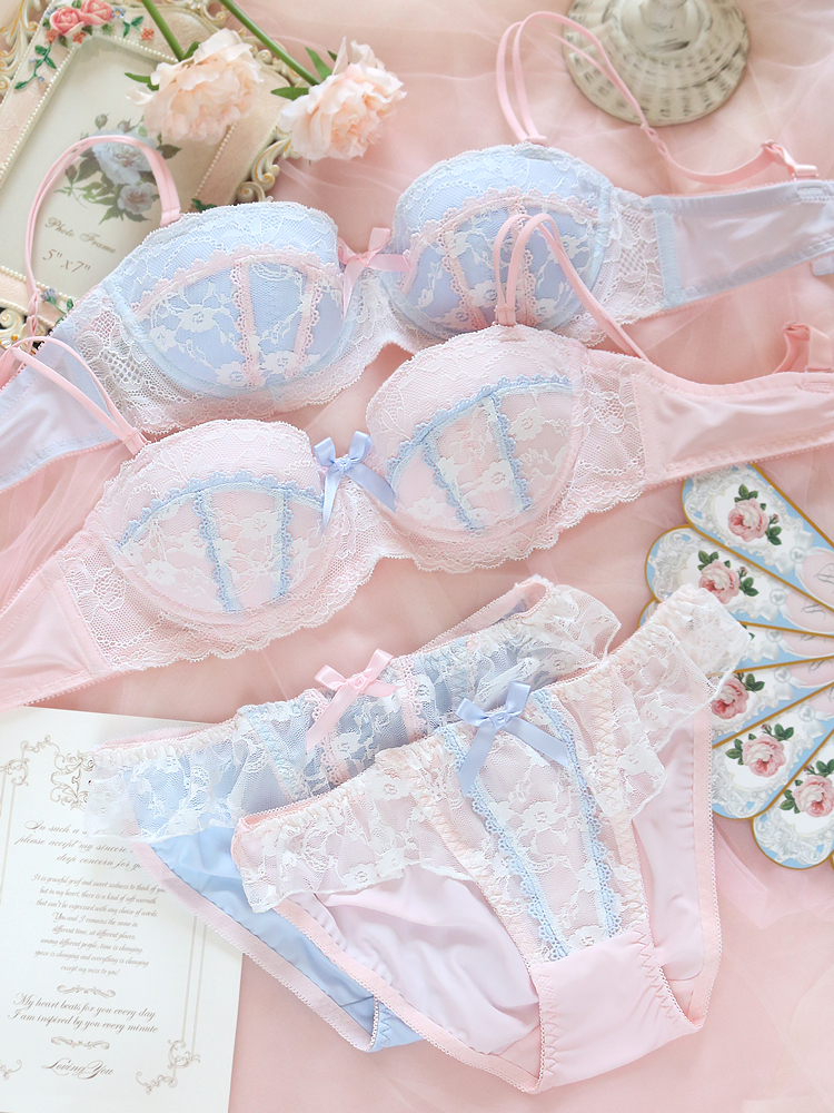 

Bras Sets Japanese underwear cute lolita lace girl heart small fresh and thin bra set with steel ring gathered women plus size lingerie 221006, As photo show