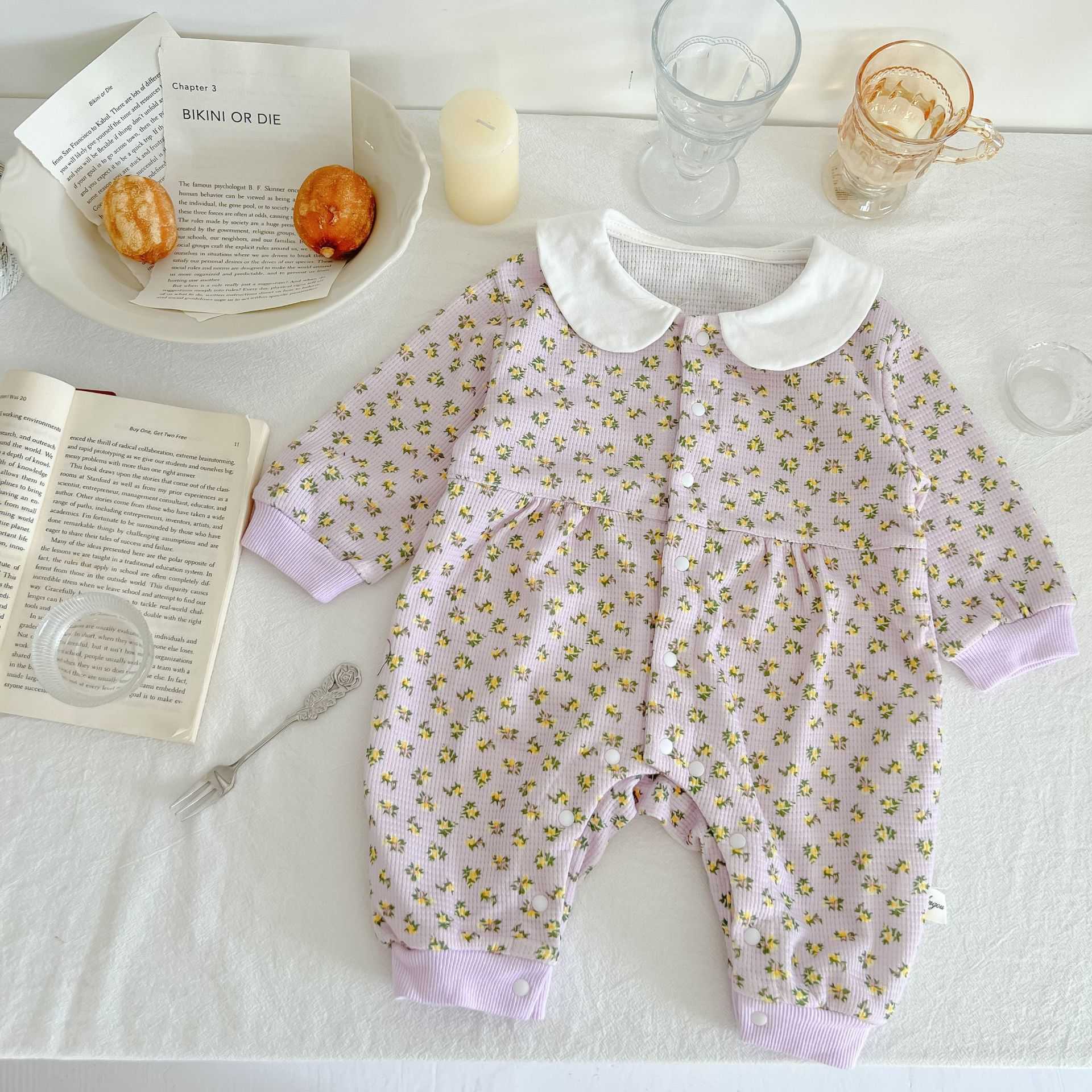 

Rompers Baby Girl Sweet Flower Long Sleeves Peter Pan Collar Jumpsuit Retro Single Breasted Cotton Romper Girl Loose Outfits J220922, Purple