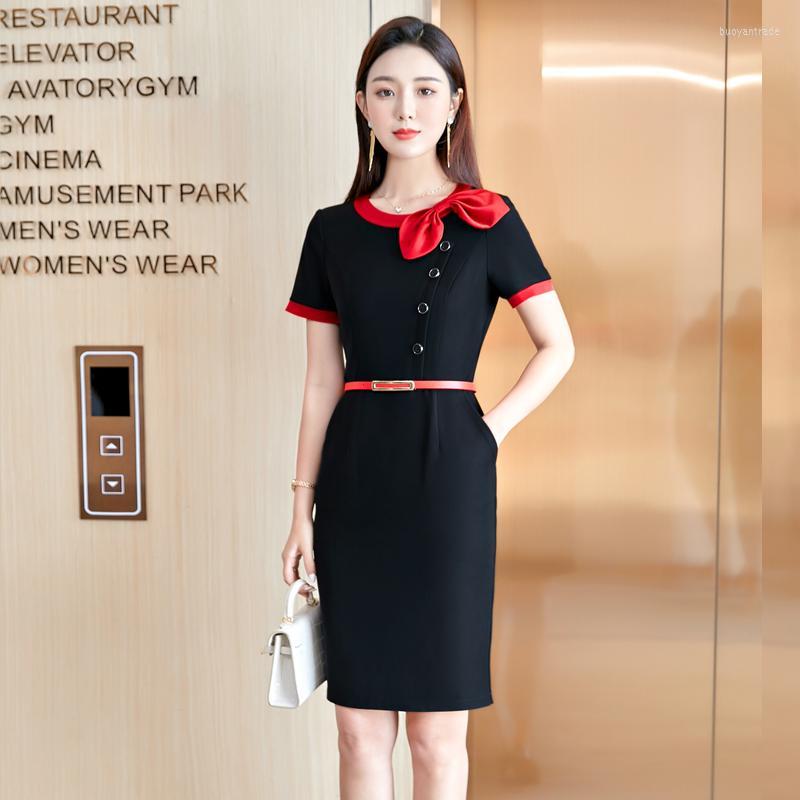 

Casual Dresses Plus Size 5XL Elegant Patchwork Summer Short Sleeve Slim Hips Dress For Women OL Styles Business Work Wear With BeltCasual, Black