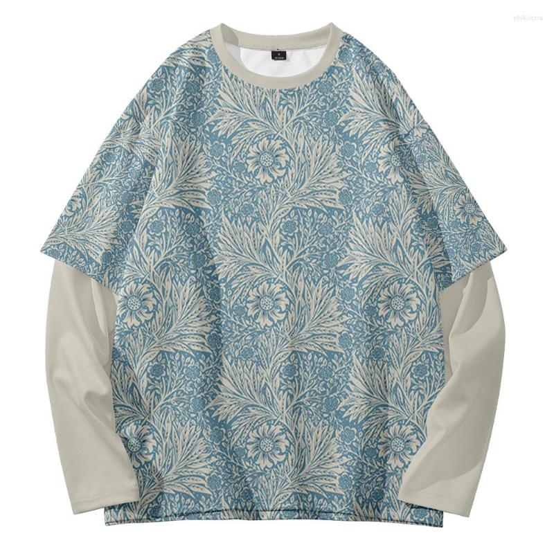 

Men's Hoodies Retro Flowers Street Fashion Trend Youth Summer 3D Digital Round Neck Fake Two Sweaters, Champagne