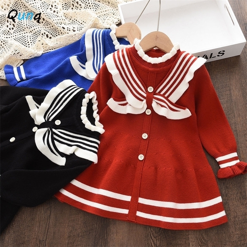 

Girls Dresses Qunq Spring Autumn Girls Stripe Patchwork British Style Sweater Small Turtleneck Lace Dress Casual Kids Clouthes Age 3T8T 2201006, Black