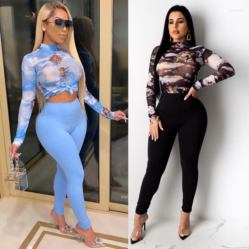 

Women' Two Piece Pants Zaggin 2022 Autumn Women Print 2-colors Knitted Tight 2-Piece Set Sexy Lady O-neck Full Sleeve Tops Long Pencil Sets, Light blue