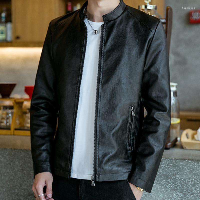 

Men's Jackets Men's Spring And Autumn Men's Leather Jacket Slim Stand Collar Leisure CoatMen's, Black regular