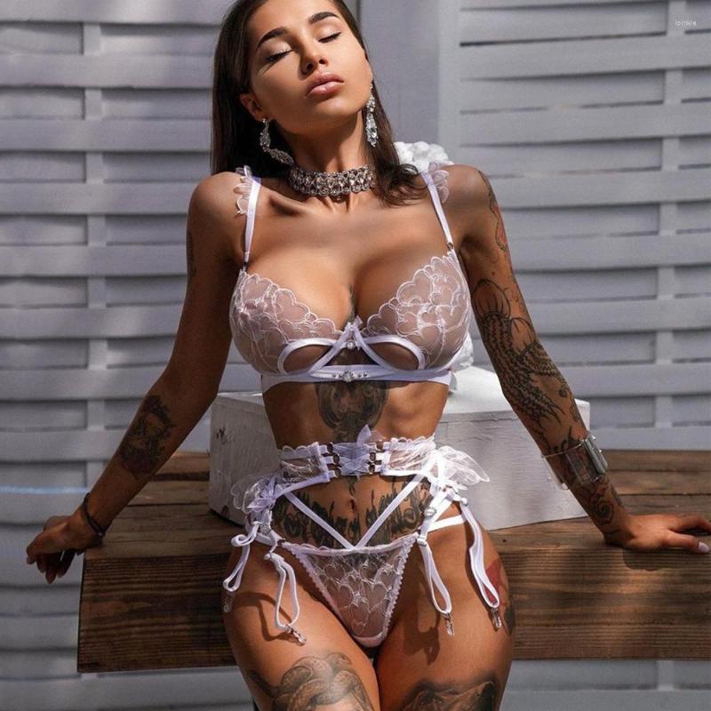 

Bras Sets Sexy Lingerie Transparent See Through Bra And Open Crotch Panty Thong Set Women's Underwear Erotic Costumes, White