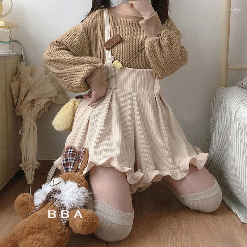 

Women's Shorts Women's Harajuku Japanese Style Loose Overalls Corduroy Suspenders Lace Kawaii Lolita Cute Pants, Sky blue